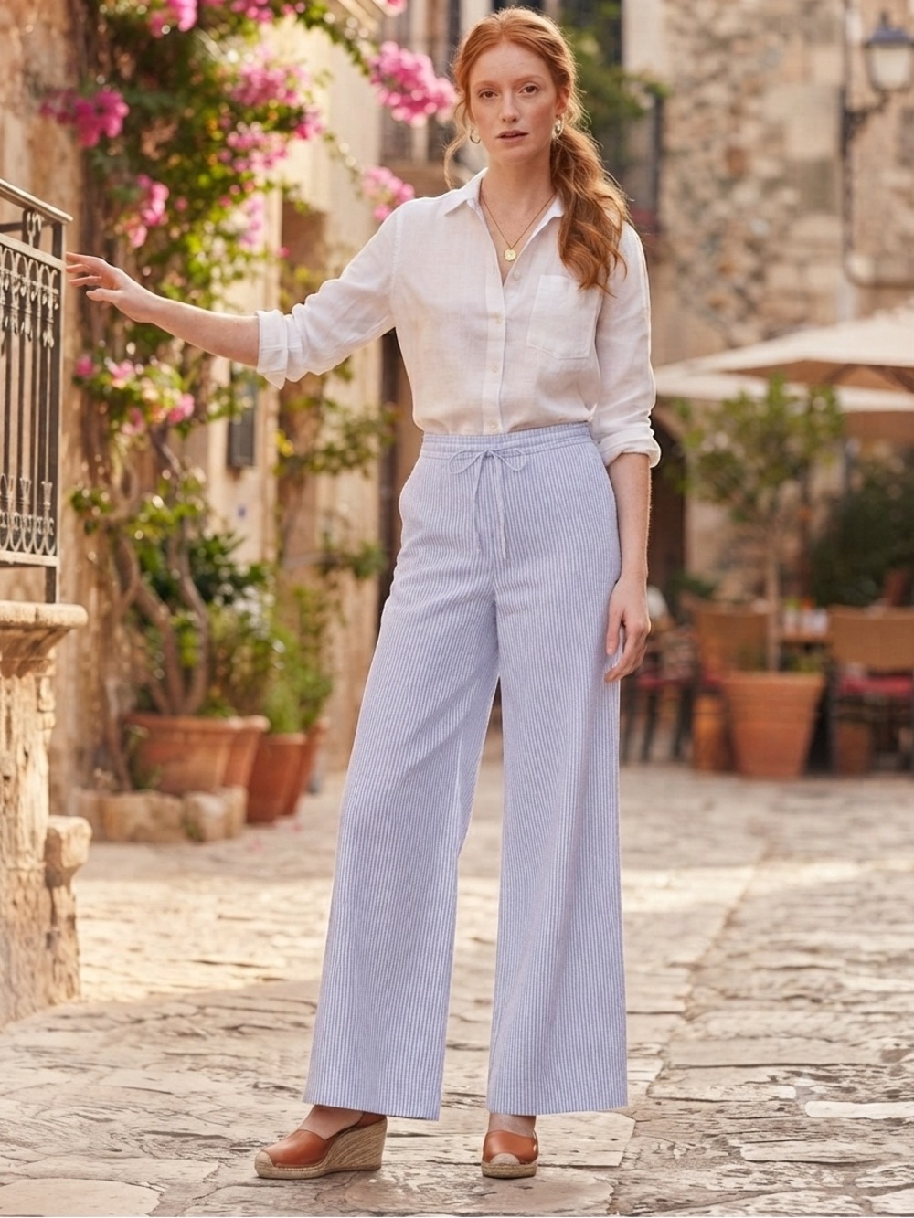 Talbots Blue and White Pinstripe Wide-Leg Pants